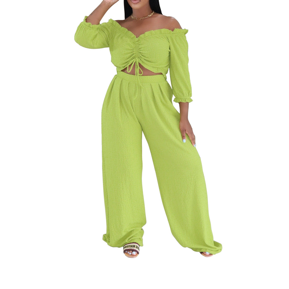 Women Clothing Half Sleeve Pleated Lace up Loose Breathable Two Piece Sets Sexy Summer