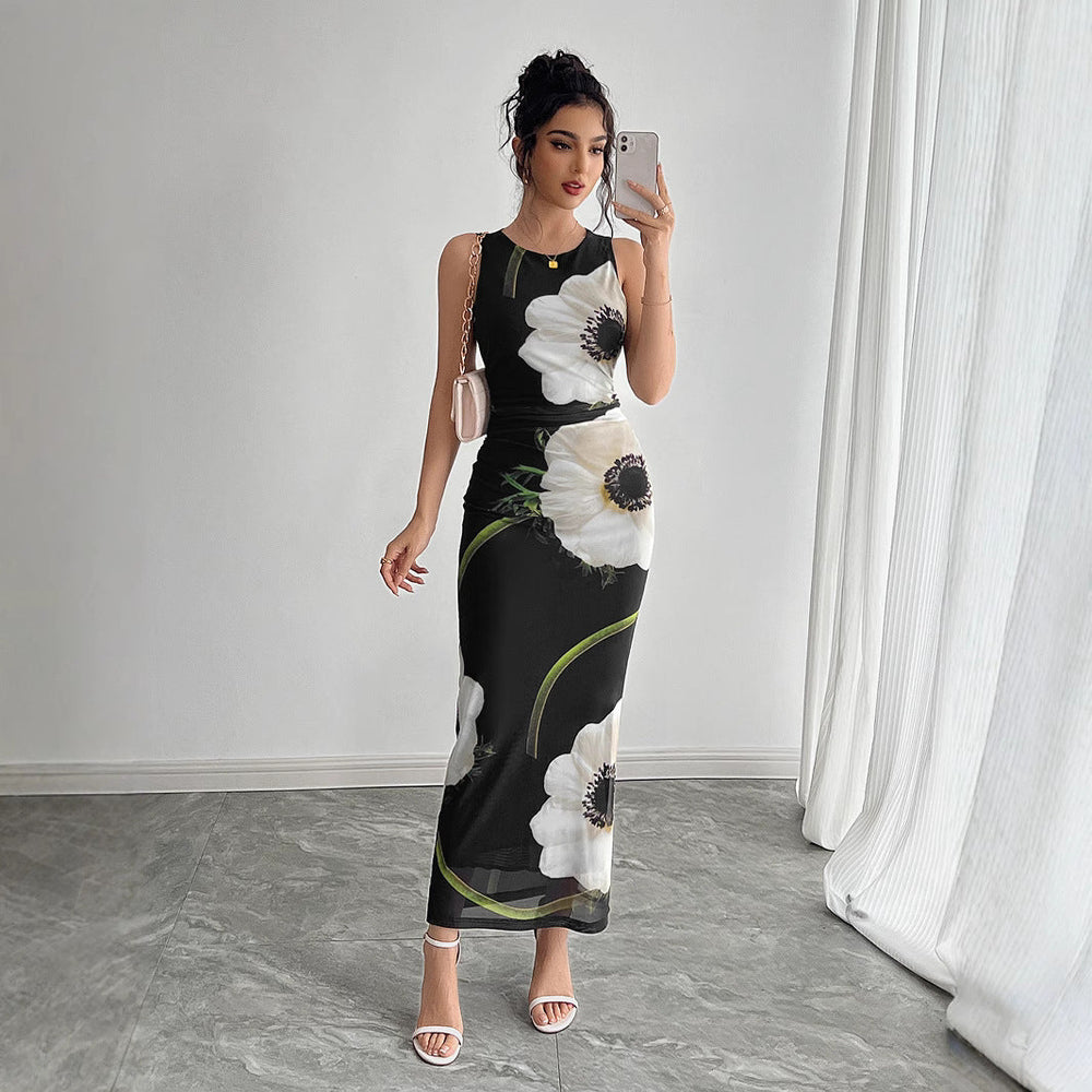 Spring Summer Women Black Mesh Floral Print Sleeveless Maxi Dress