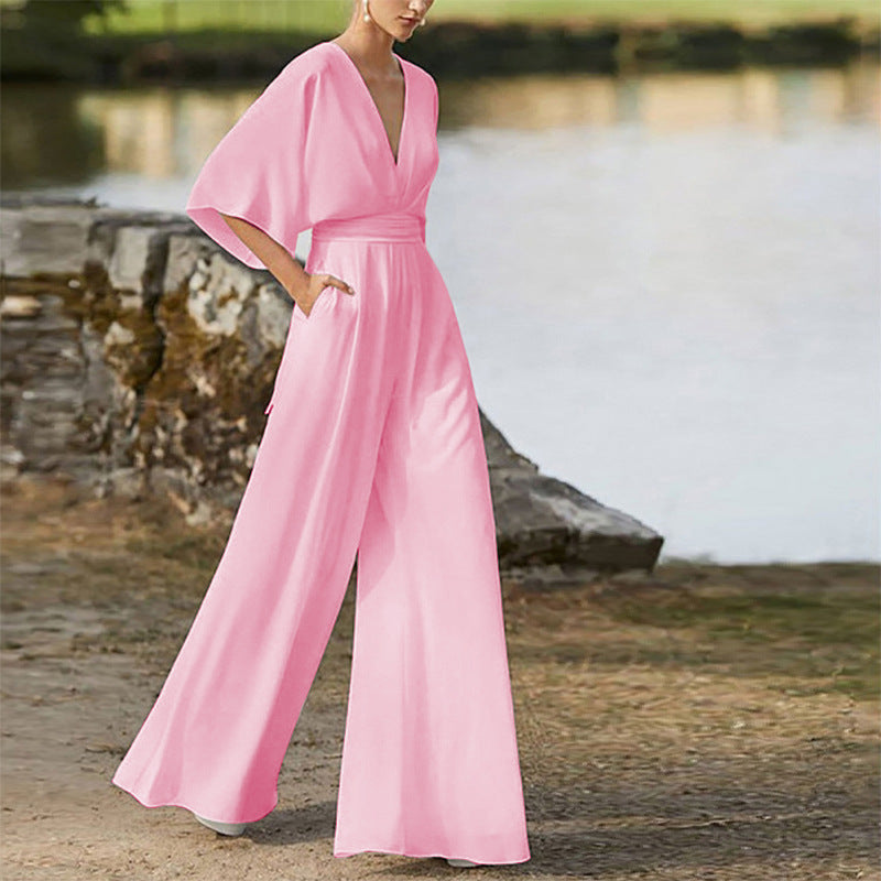Winter Women Dress Jumpsuit Deep V Plunge High Waist Wide Leg Trousers