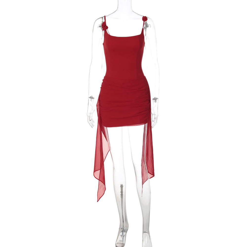 Arrival Nightclub Sexy Lace up Stitching Floral Sheath Ribbon Strap Dress for Women