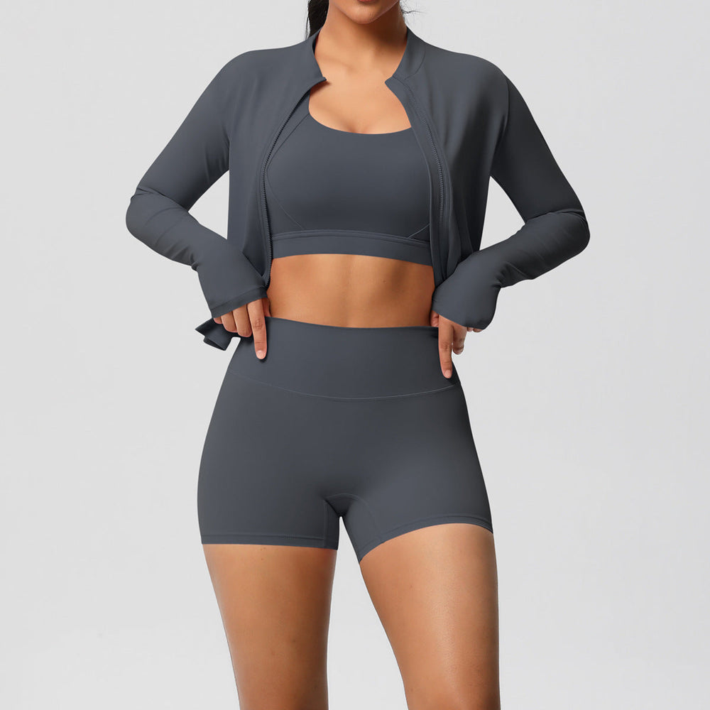 Solid Color Cloud Sense Yoga Bra Sports Coat Pilates Running Shorts Fitness Yoga Wear Three Piece Set for Women