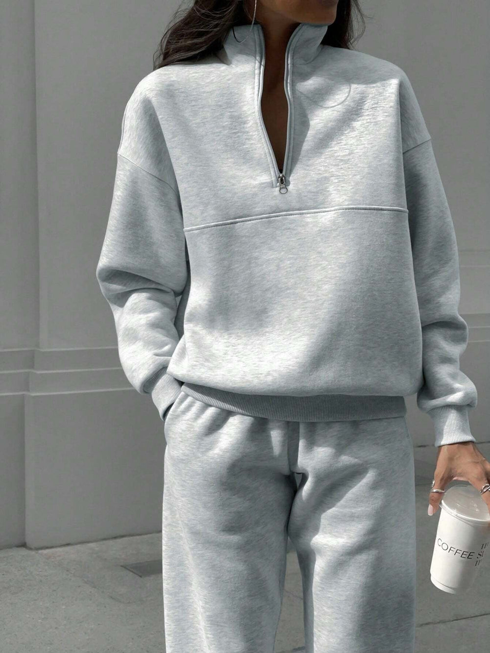 Autumn Winter Zipper Collared Solid Color Casual Two Piece Set