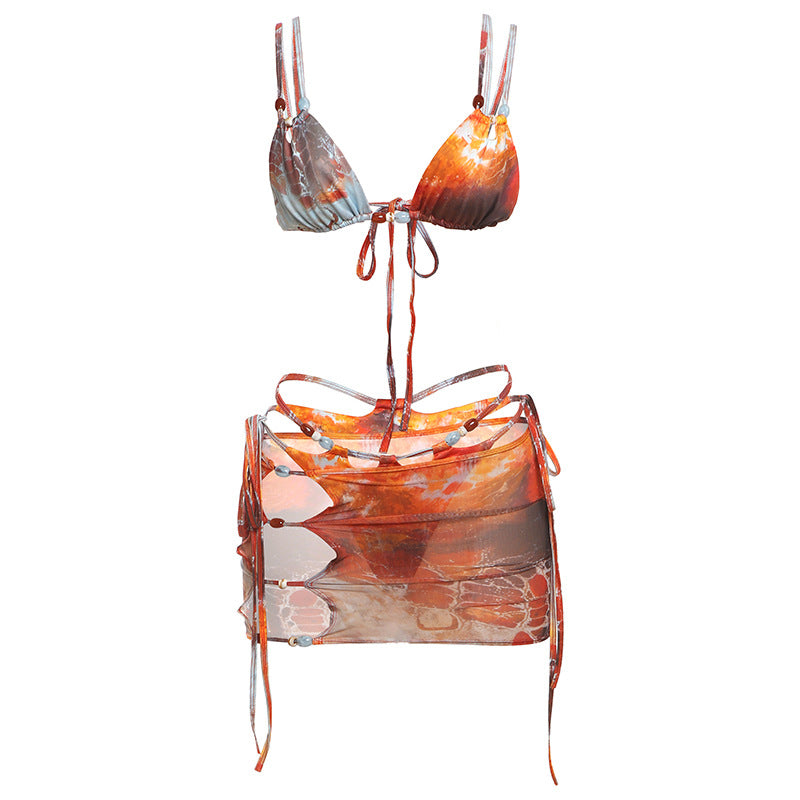 Summer Women Printed Sexy Mesh Lace up Bikini Three Piece Set