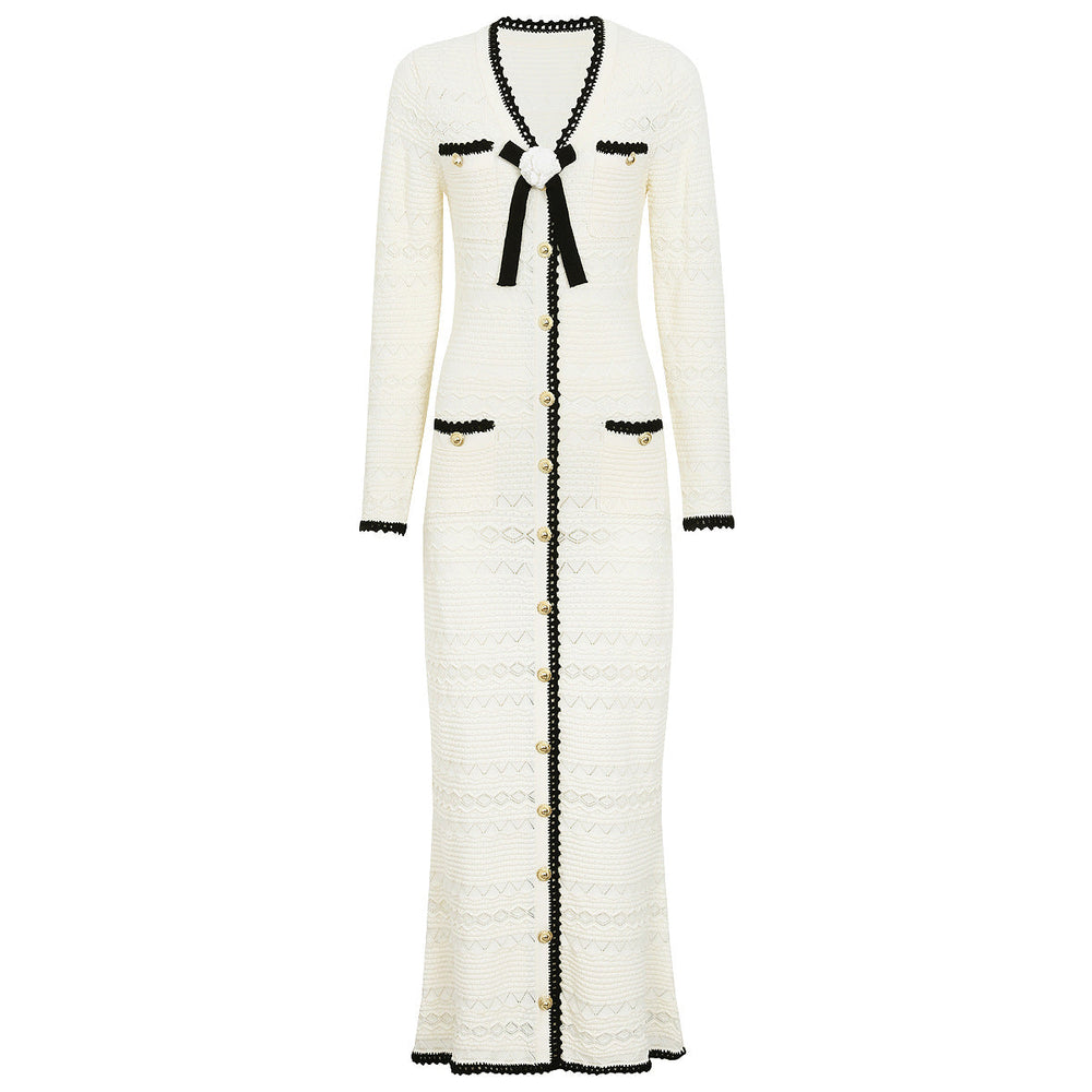 Spring Autumn Fashionable Knitted V neck Floral Slim Fit Slimming Long Sleeves Dress Women