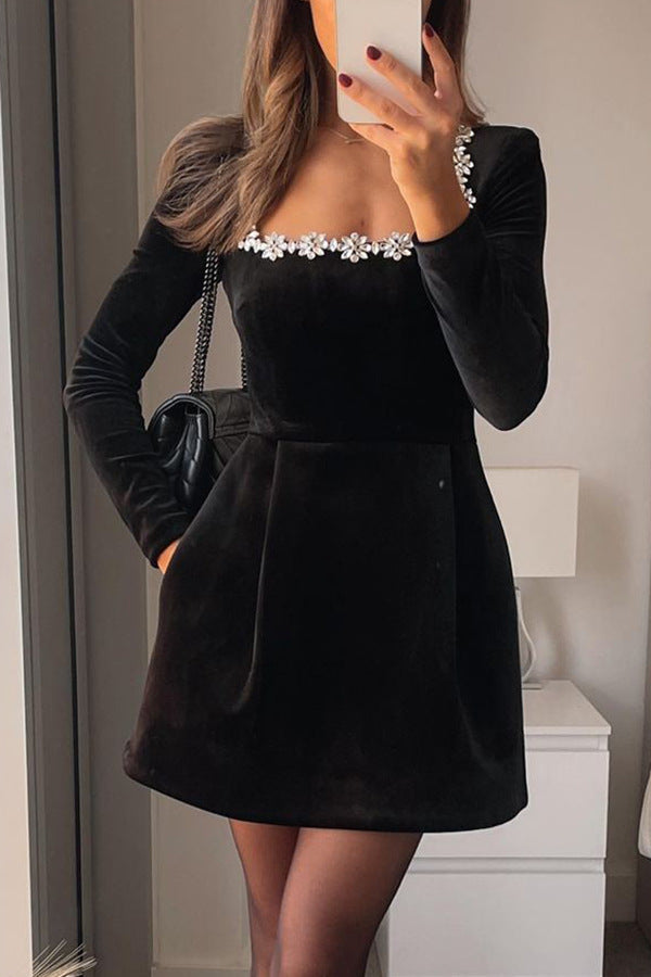 Women Spring Clothing Elegant Square Collar Diamond Inlaid Short Velvet Dress