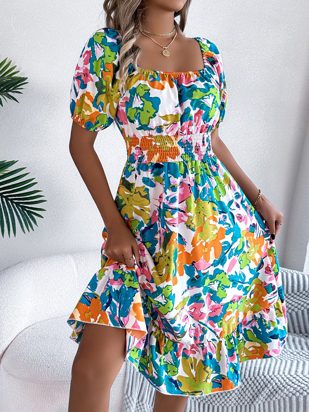 Spring Summer Casual Floral Square Collar Short Sleeve Waist Trimming Ruffles A line Dress Women Clothing