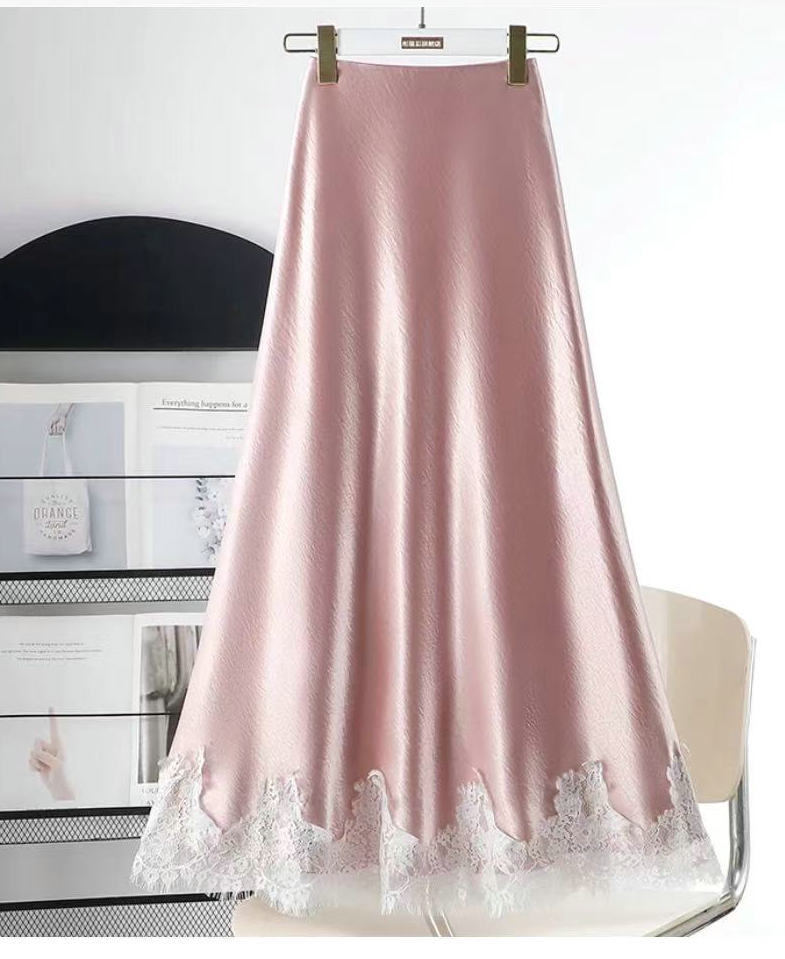 Western Lace Stitching Silk Skirt Spring Draping Glossy A line Midi Skirt Women