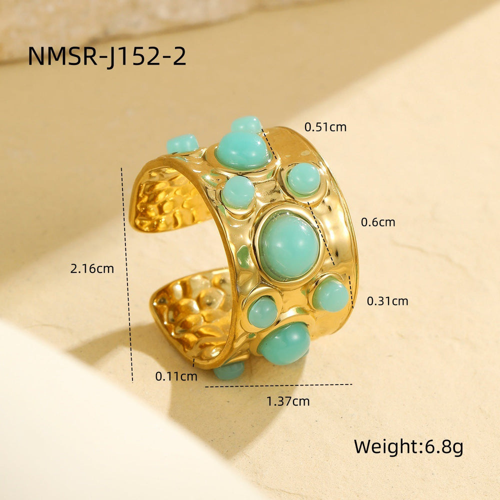 French Royal Multi Gem Open Ring Retro Mid Ancient Special Interest Design Stainless Steel Non Fading