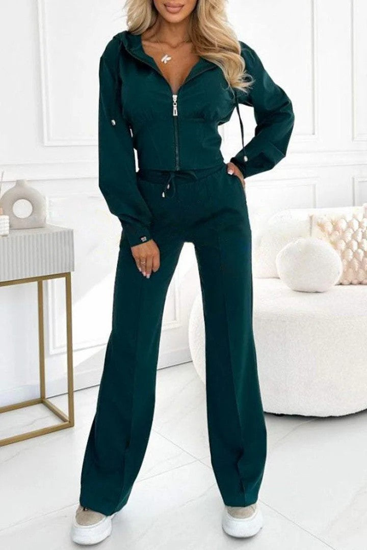 New Fall Winter Hooded Zipper Jacket Tight Fitting Solid Color Two Piece Sets