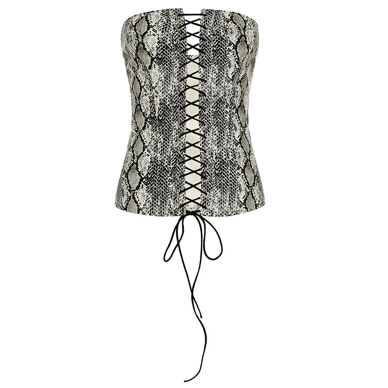 Sexy Women Clothing Leather Animal Pattern Waist Shaping Lace up Tube Top Waist Tight Adjustable Vest Top Summer
