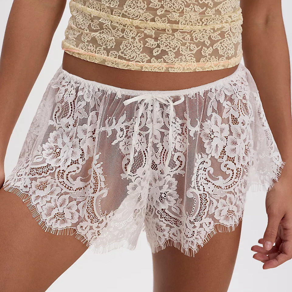 Women Sexy Lace See through Culottes Bow Tie Shorts