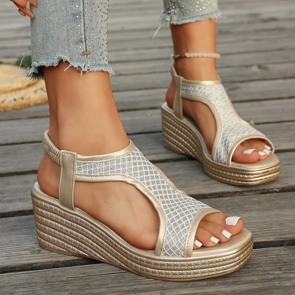 Online Open Toe Wedge Sandals Women Summer Casual Thick Soled Elastic Strap Beach Flip Flops on
