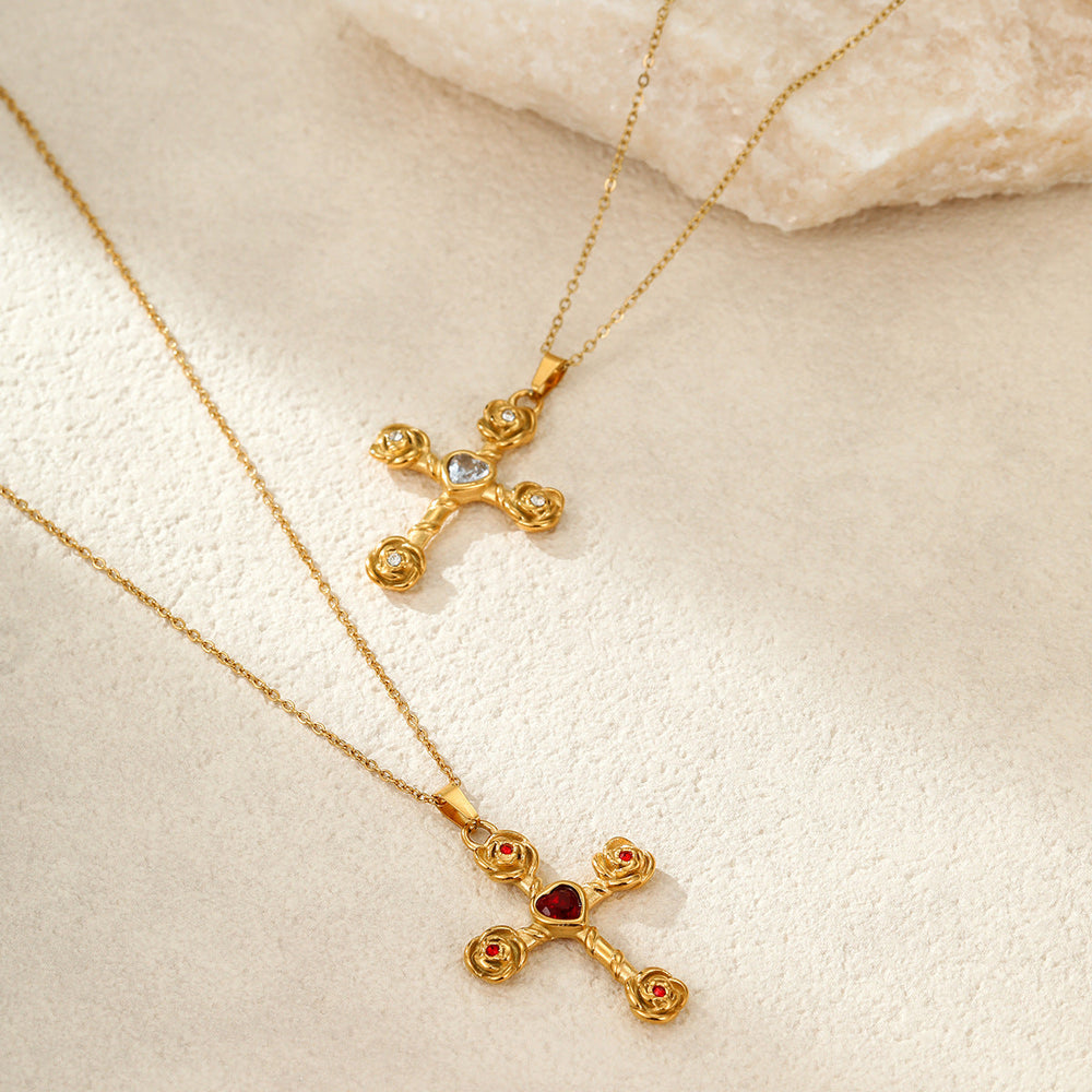 Elegance Retro Advanced Necklace Stainless Steel 18K Gold Color Diamond Rose Cross Embellished