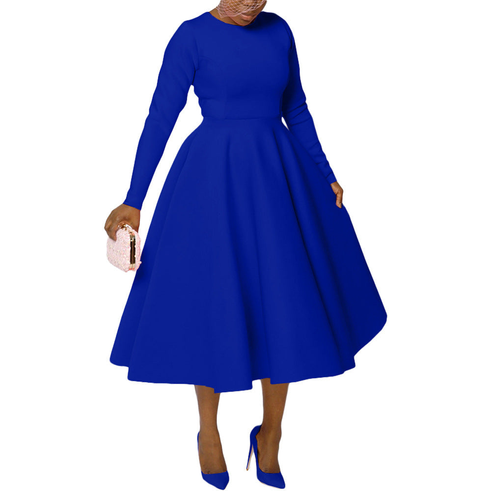 Women Clothing Solid Color round Neck Long Sleeve Flat Part of Knife Large Swing Dress