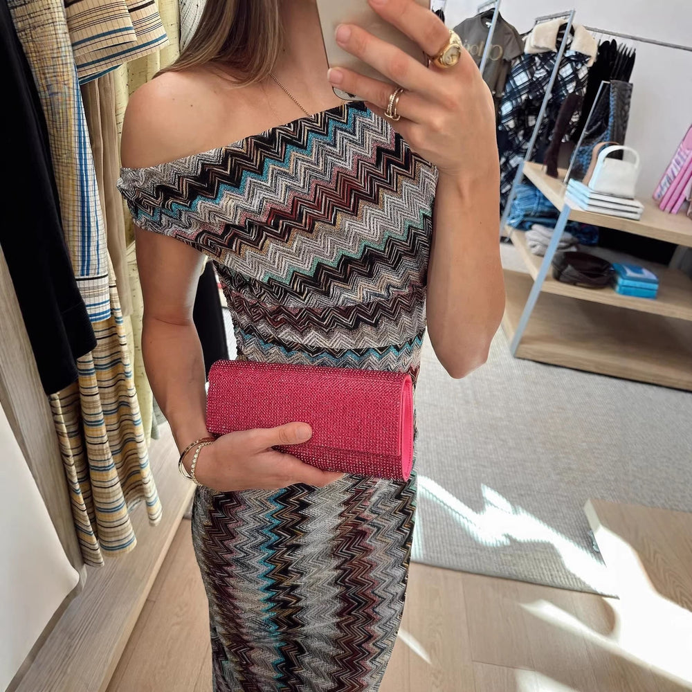Spring Summer Oblique Shoulder Knitted Printed Dress Casual Vacation Party Dress