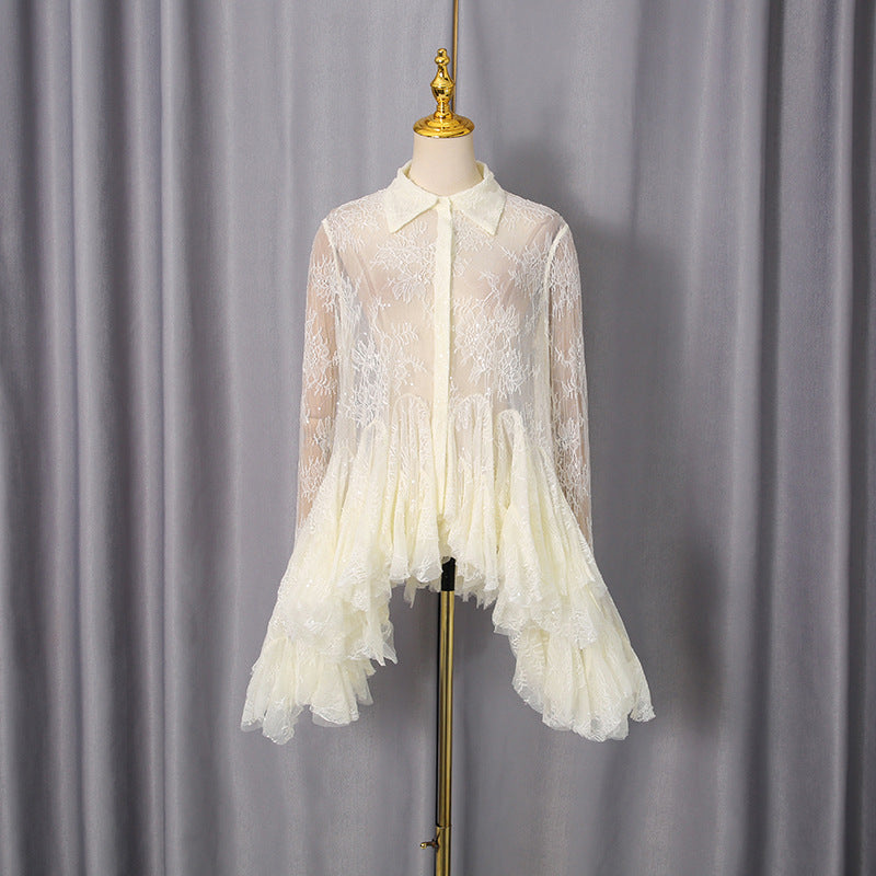 French Sexy Short Dress Spring Polo Collar Single Breasted Waist Controlled Slimming Long Sleeve Lace Stitching Dress