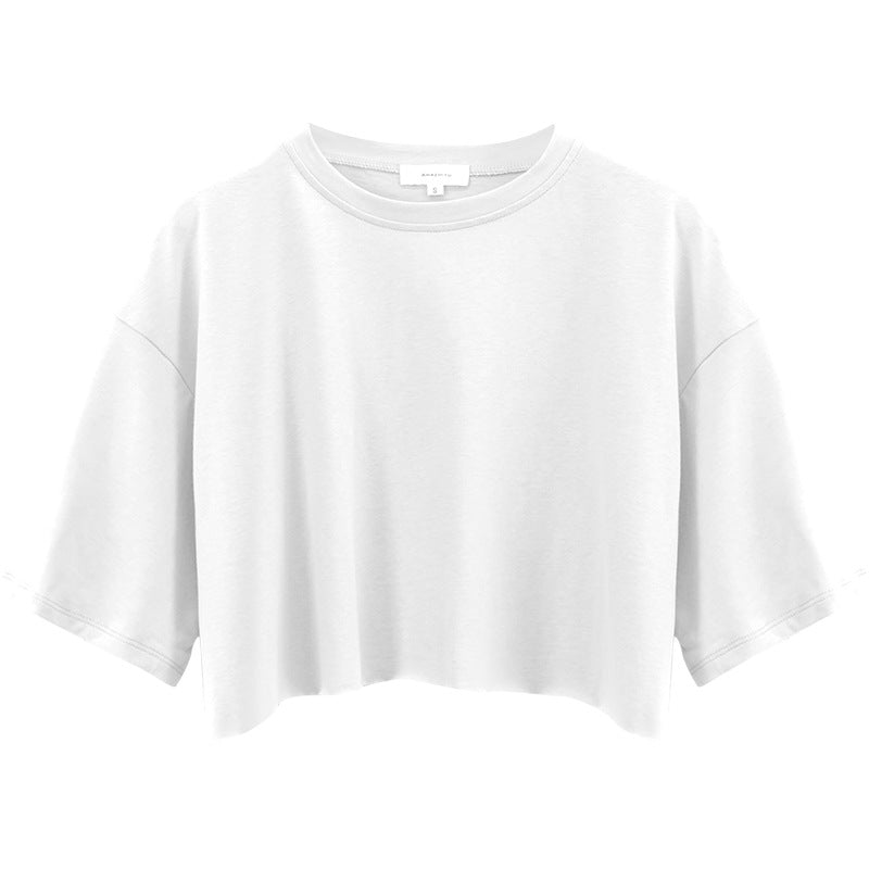 Sexy Short Sleeved T shirt Women Summer Pure Cotton Solid Color Short Cropped round Neck Sports Top