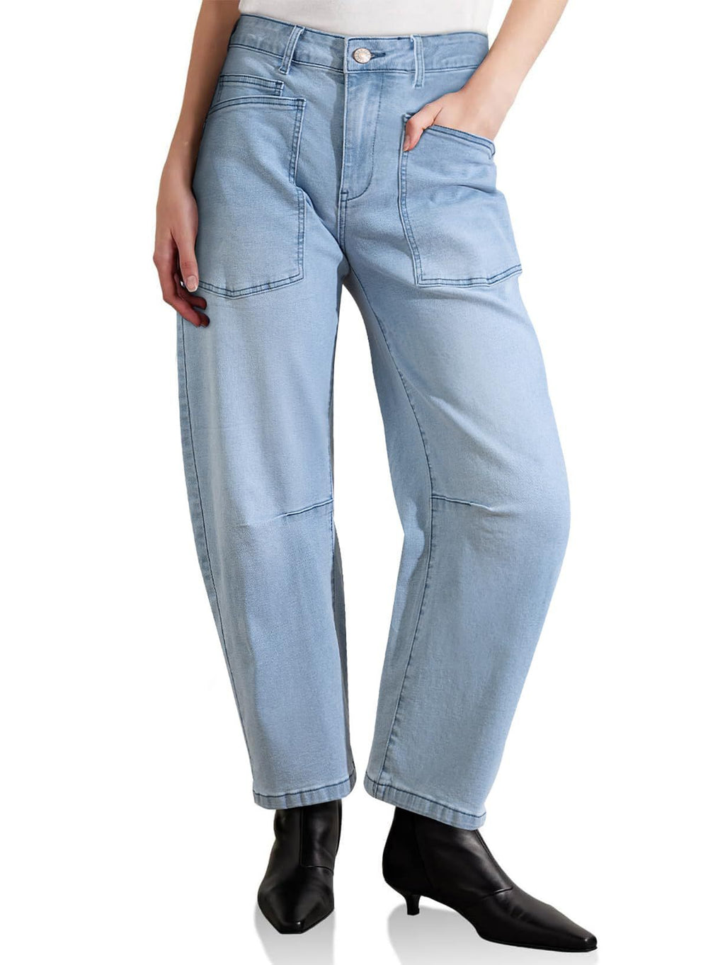 Retro Deconstruction Tooling Patch Pocket Washed Curved High Waist Jeans Women