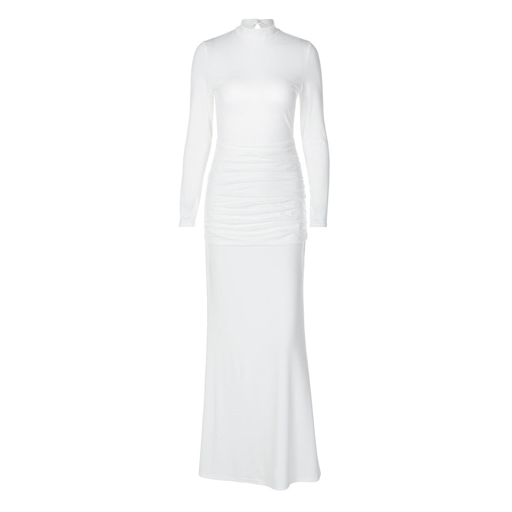 Women Clothing Autumn Solid Color Long Sleeve Slim Fit Fishtail Dress Button Backless Dress Women