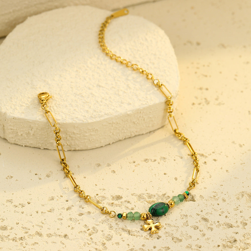 Stainless Steel Natural Stone Lapis Four-Leaf Clover Embellished Bracelet Women Titanium Steel Jewelry