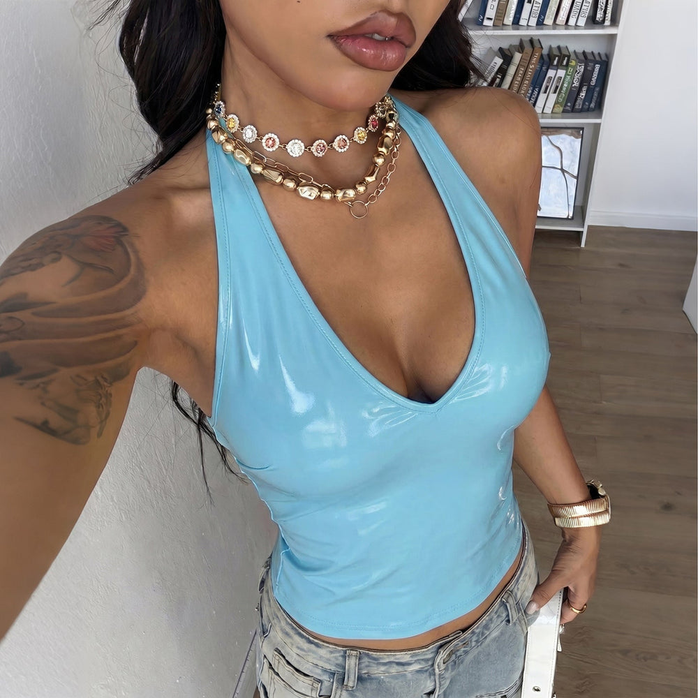 Summer Women Solid Color Sexy Sleeveless Halter Vest Faux Leather Slim Tops