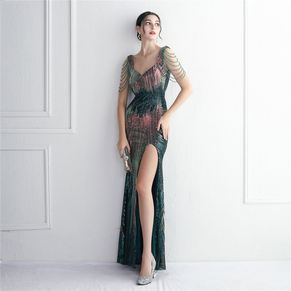 Craft Beaded Positioning Floral Sequin Party Dress Cocktail Slim Fit Evening Dress Elegant