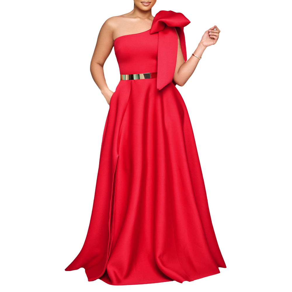 Summer Graceful Fashionable Oblique Shoulder Bow Cocktail Formal Maxi Dress