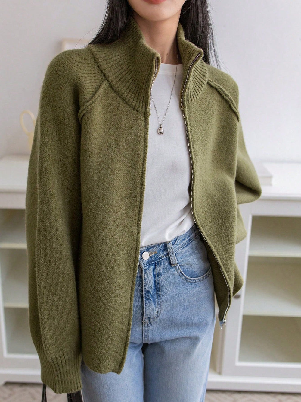 Lazy Sweater Coat Women Autumn Winter Korean Solid Color Stand Collar Zipper Knitted Cardigan Top