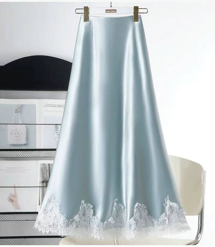 Western Lace Stitching Silk Skirt Spring Draping Glossy A line Midi Skirt Women