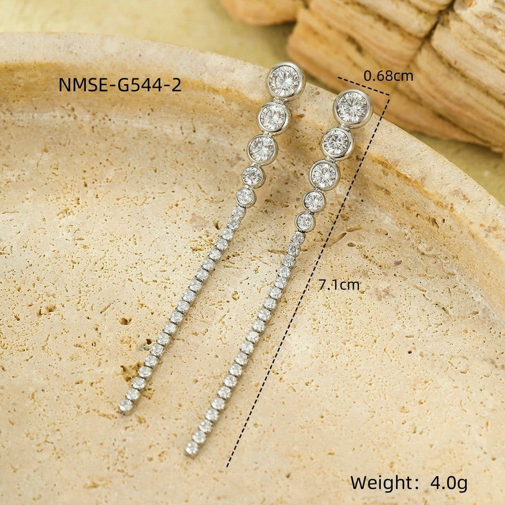 Niche High Grade Stainless Steel Earrings Zircon Tassel Temperamental Personality 18K Gold Titanium Steel Earrings