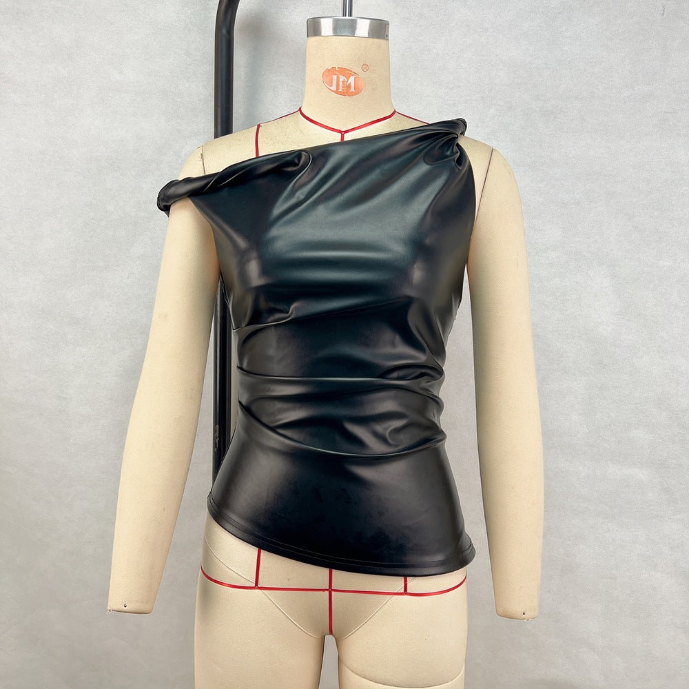 Sleeveless Vest Leather Oblique Shoulder Personality Irregular Asymmetric Top Women Clothing