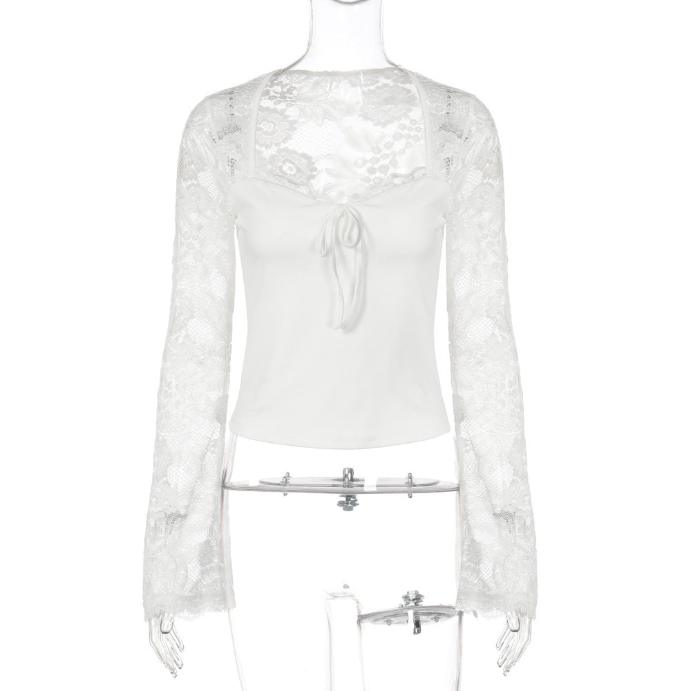 Women Clothing Autumn Winter Sexy Lace Stitching See through Lace up Long Sleeve Tops