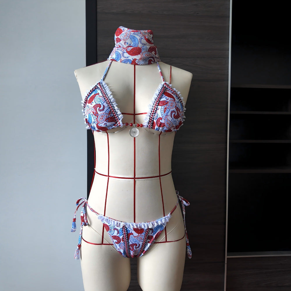Printed Lace up Split Swimsuit Women Lace Sexy Bikini