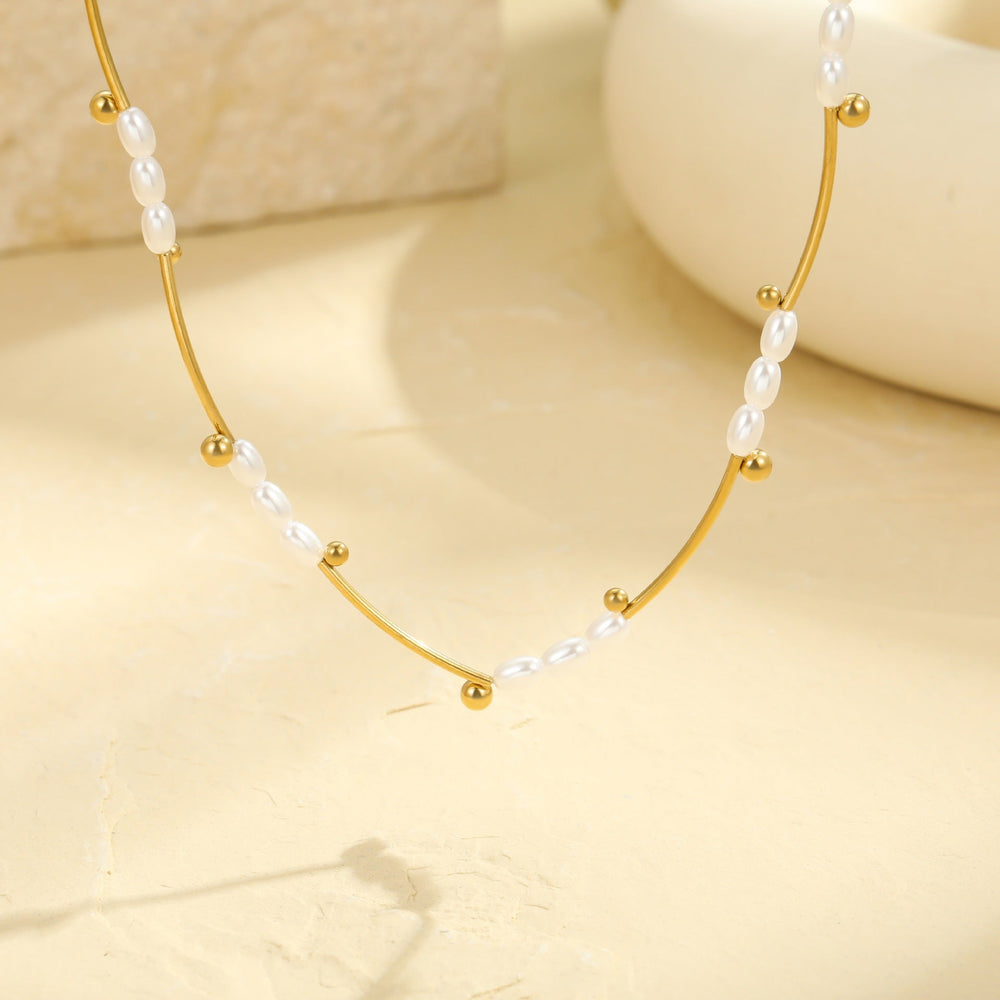 French Hepburn Advanced Baroque Imitation Pearl Necklace Batch Floral Tube Spacer Beads 18K Real Gold Stainless Steel Clavicle Chain
