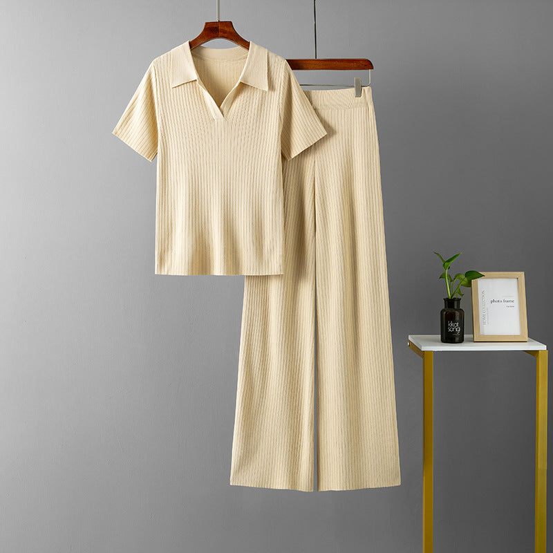 Women Clothing Polo Collar Pullover Short Sleeve Top Slimming Solid Color Wide Leg Trousers Knitted Suit