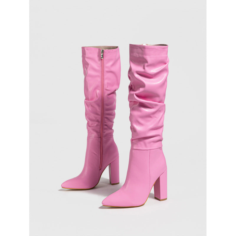 Pointed Toe Chunky Heel Pointed Toe Natural Wrinkle ide Zipper Boots plus Size Ankle Boots