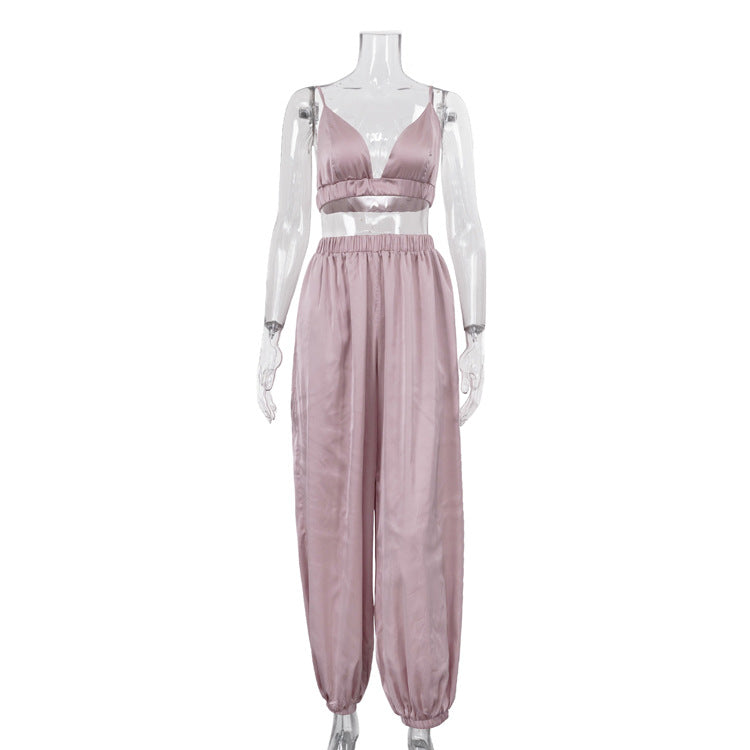 Sexy Vest Women Summer Sleeveless Sling Loose Fit Tappered Trousers Two Piece Set