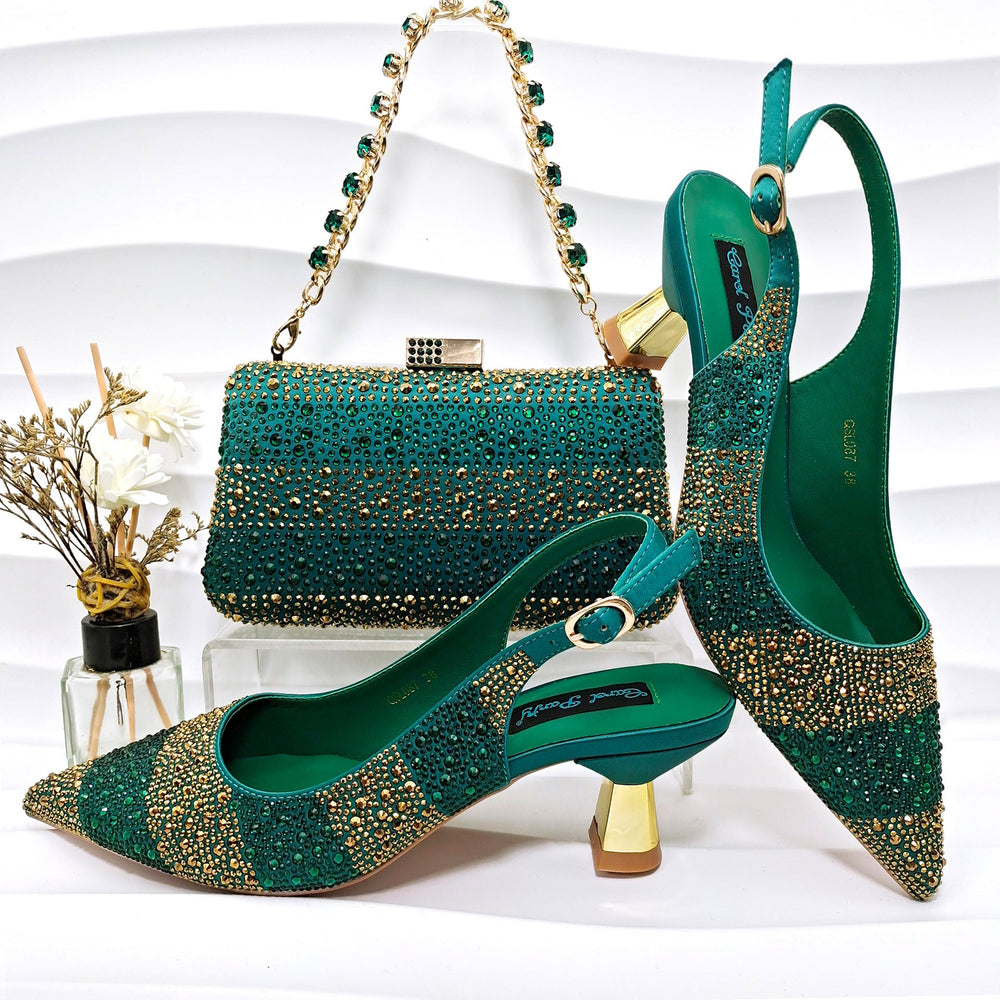 Simple Pointed Striped Delicate Rhinestone Decorative Cocktail Elegant Women Shoes Bags Two Piece Sets High Heels