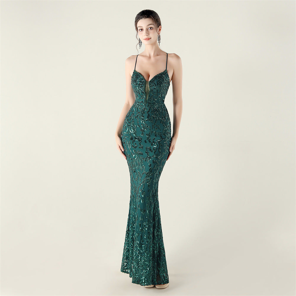 Beaded Embroidery Sequined Waist Trimming Lace up Deep V Plunge Heart Strap Evening Dress Cocktail Party