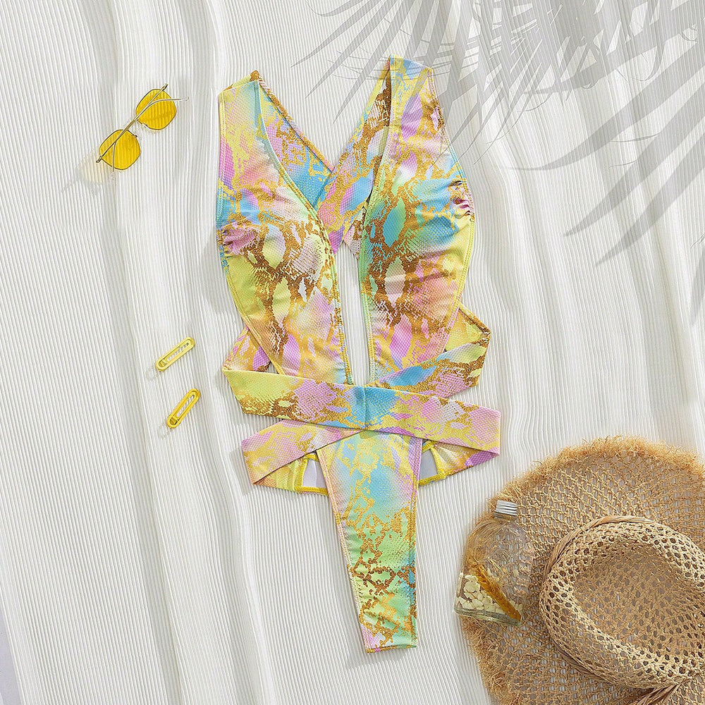 One Piece Swimsuit Lady Sexy Hollow Out Cutout Snakeskin Pattern One Piece Swimsuit