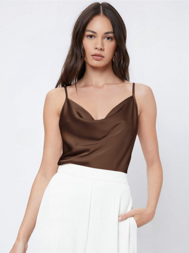 Inner Wear Silk like Satin Camisole Women Pile Collar Outer Wear Sexy Bottoming Swing Collar Short Top