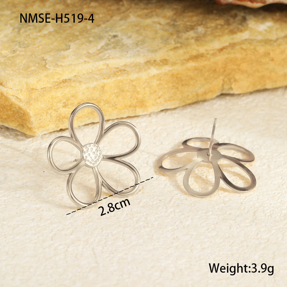 Gold Silver Color Matching Hollow Out Cutout out Floral Titanium Steel Ring Stainless Steel Earrings Mild Luxury Retro Earrings Hand Jewelry