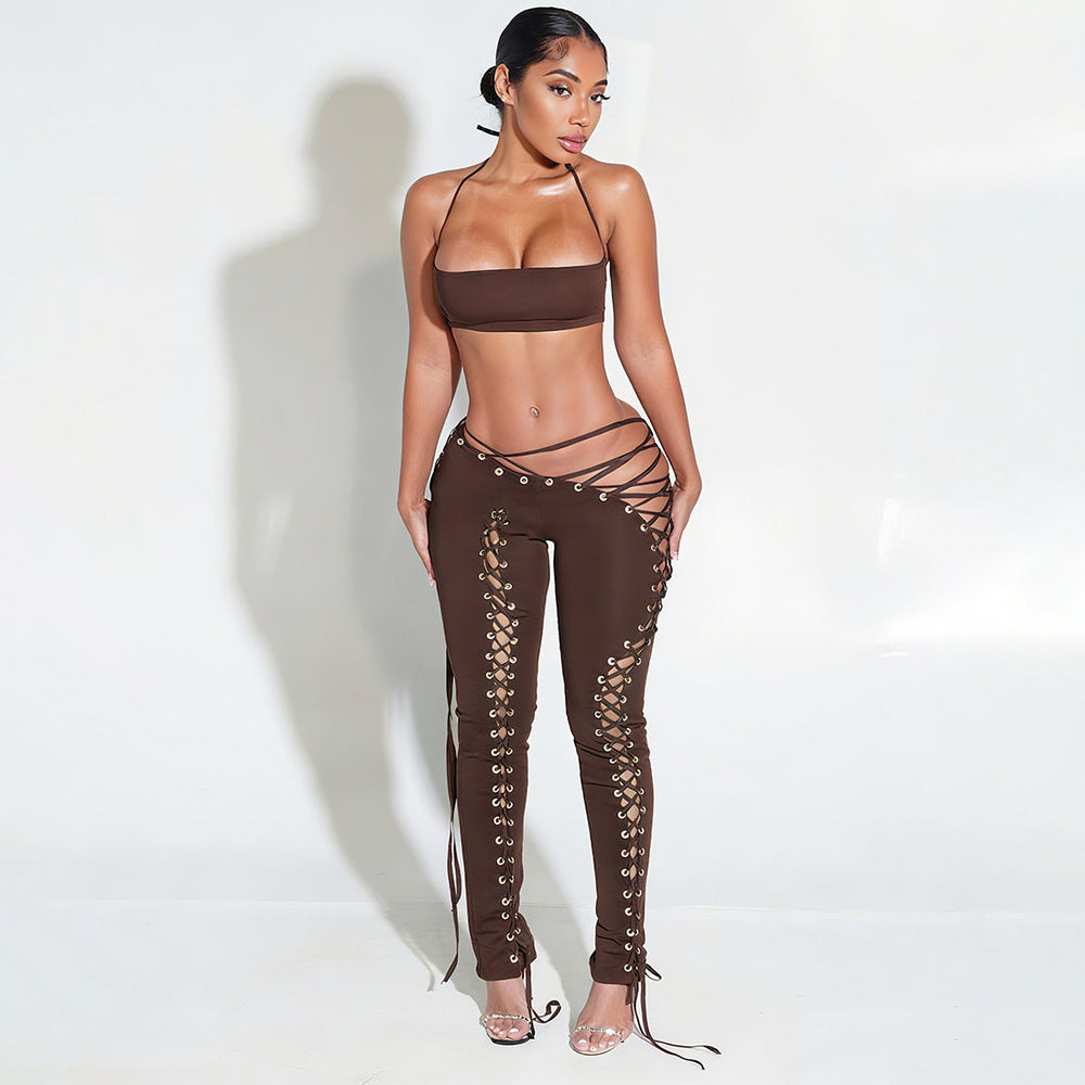 Women Sexy Lacing Vest Street Lace up Trousers Two Piece Set