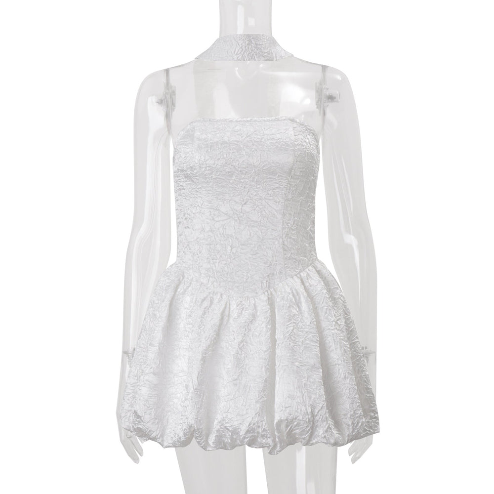 Women Clothing Autumn French Sexy Tube Top Dress Ribbon Fitted Waist Bubble Short Dress