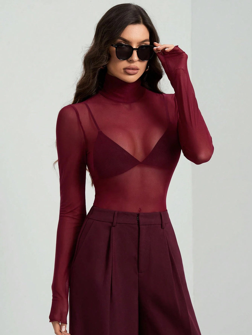 Autumn Winter Stand Collar Solid Color Mesh Slim Fit Slimming Long Sleeves Office Top