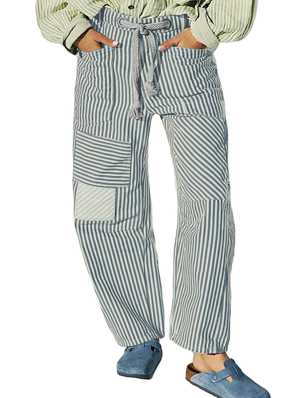 Mid Waist Office Casual Loose Wide Leg Striped Stitching Drawstring Pocket Trousers