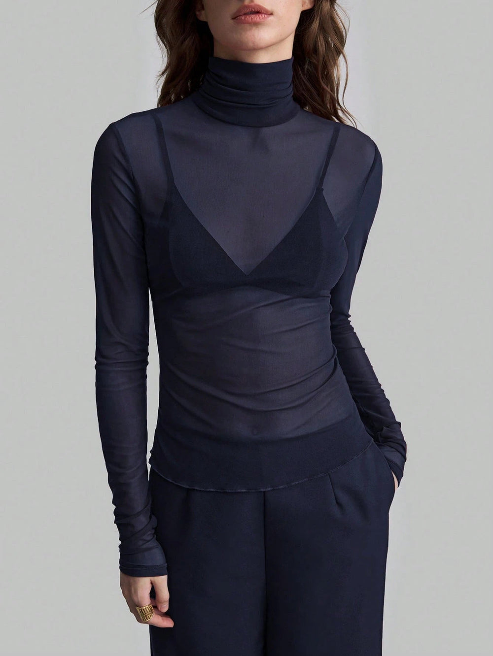 Autumn Winter Stand Collar Solid Color Mesh Slim Fit Slimming Long Sleeves Office Top