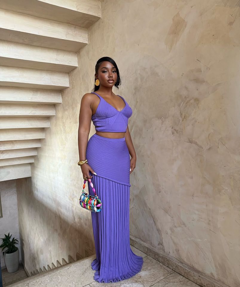 Spring Summer V neck Sling Vest Hip Pleated Long Skirt Wool Woven Two Piece Sets