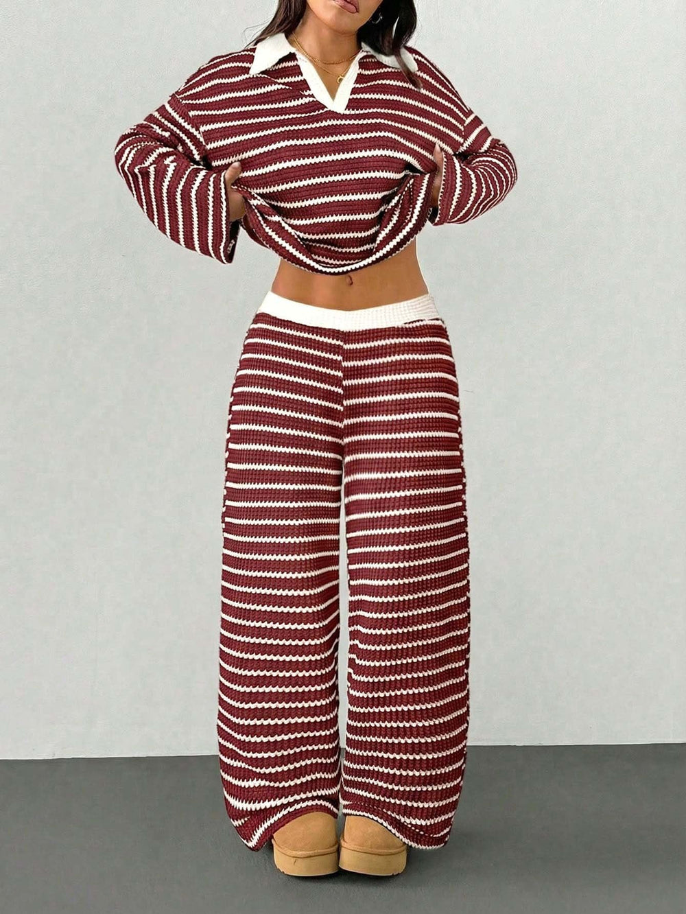 Striped Knitted Contrast Color Lapels V neck Long Sleeved Top Casual Two Piece Sets