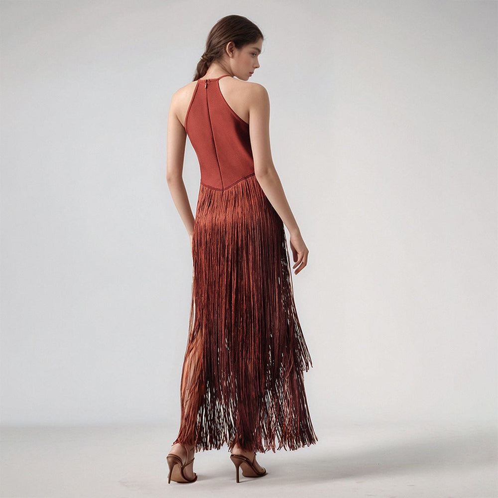Design Tassel Sleeveless Waist Tight Bandage One Piece Dress Ladies Party Stage Performance Dress Women Clothing